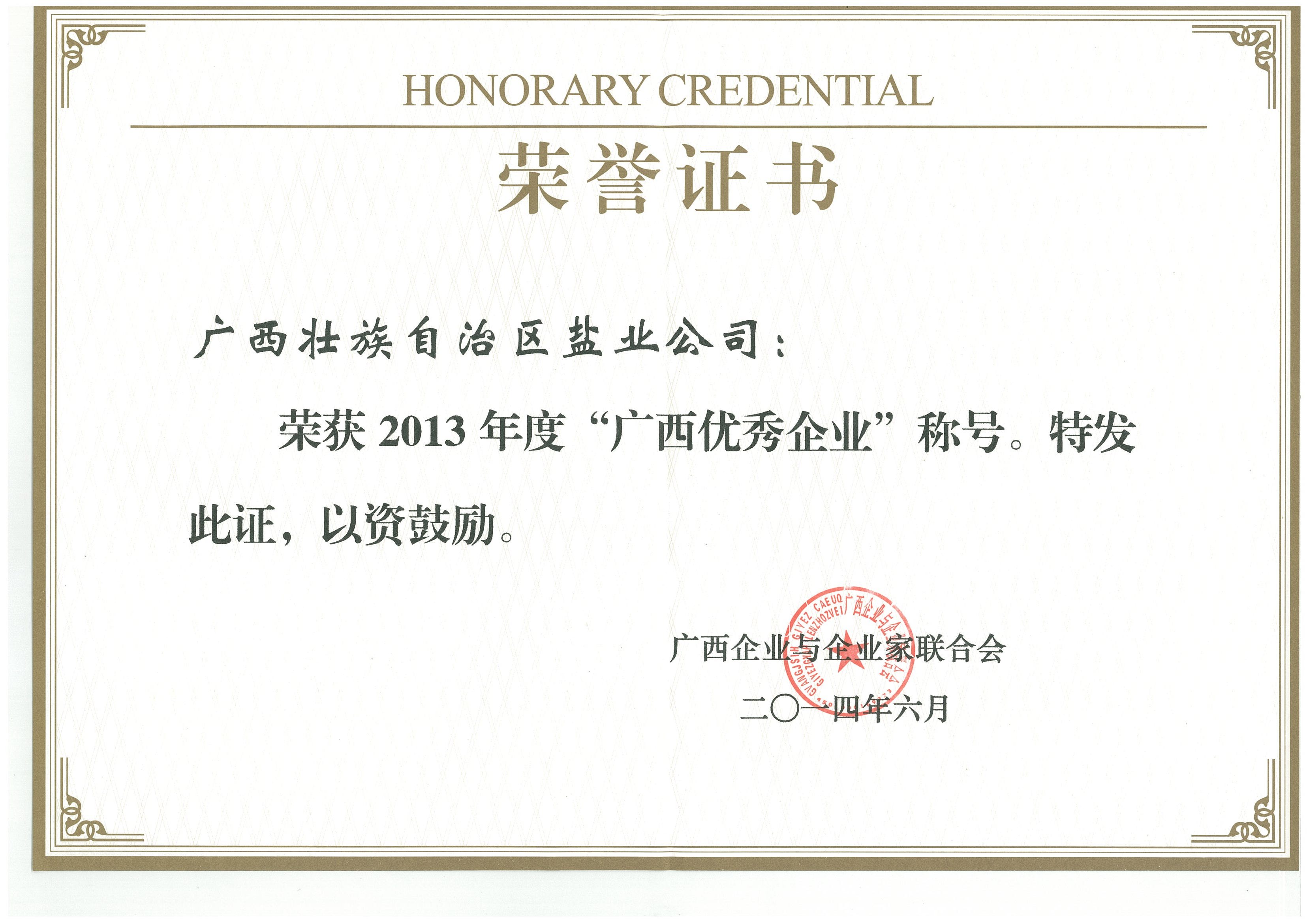 2013年度优异企业证书